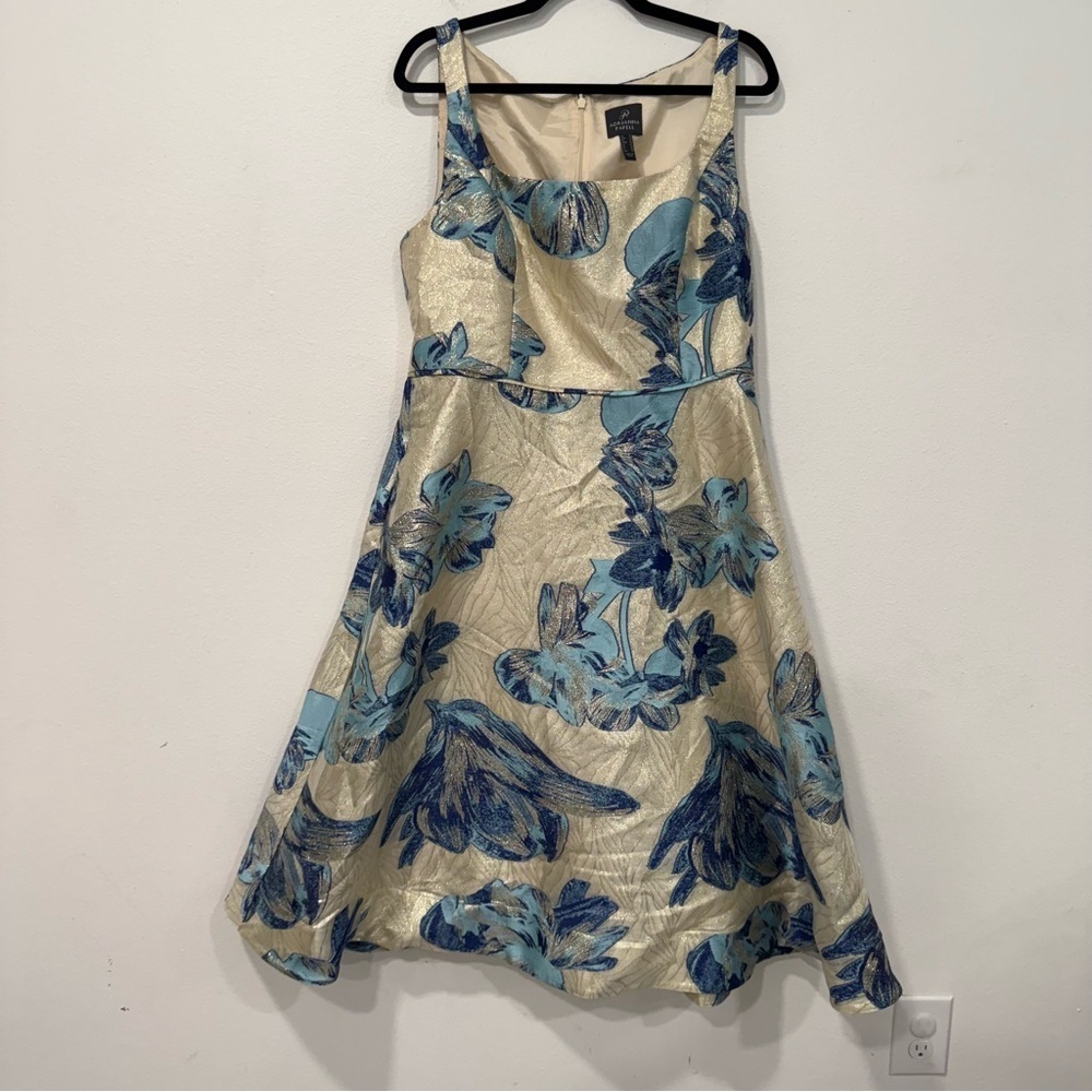 Adrianna Papell Blue Floral Gold Metallic Square Neck Midi Dress 14 - Picture 2 of 6